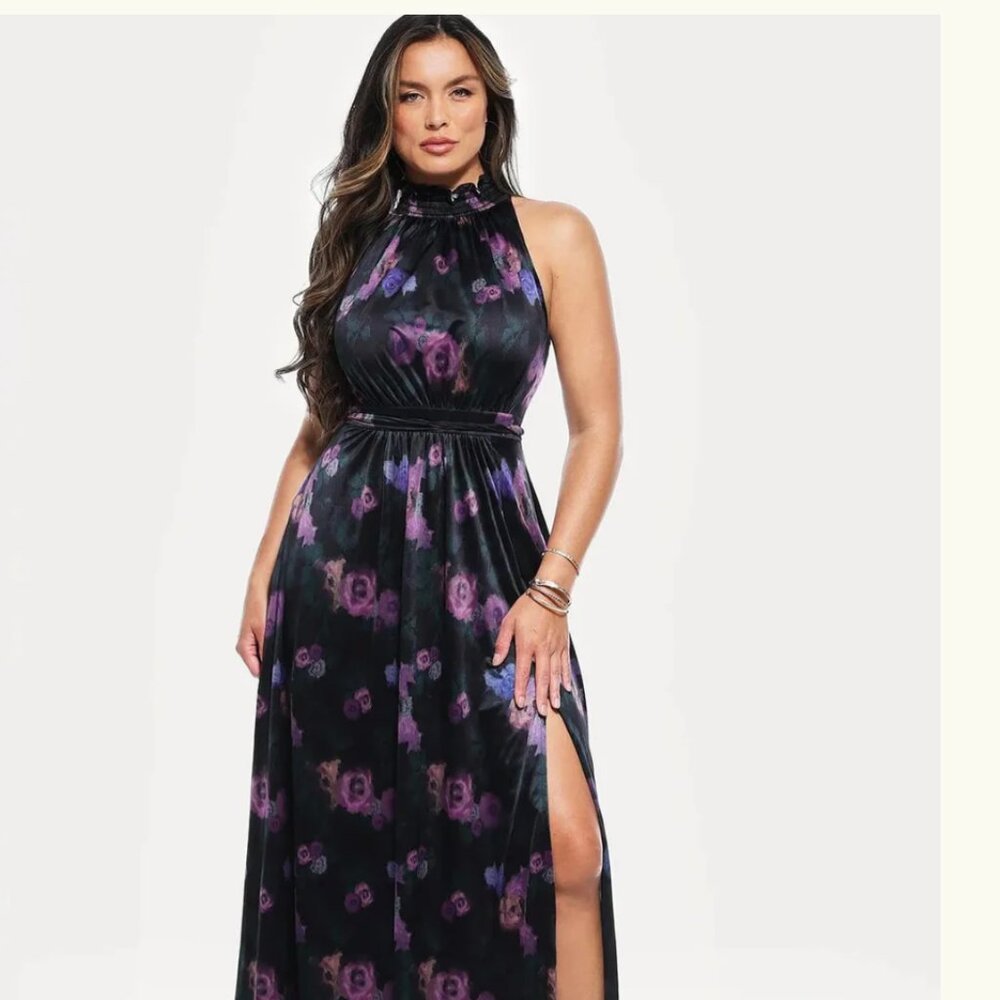 Popilush High Neck Maxi Dress|BUILT IN SHAPEWEAR-Black & Floral-2 DIFF SIZES-NWT